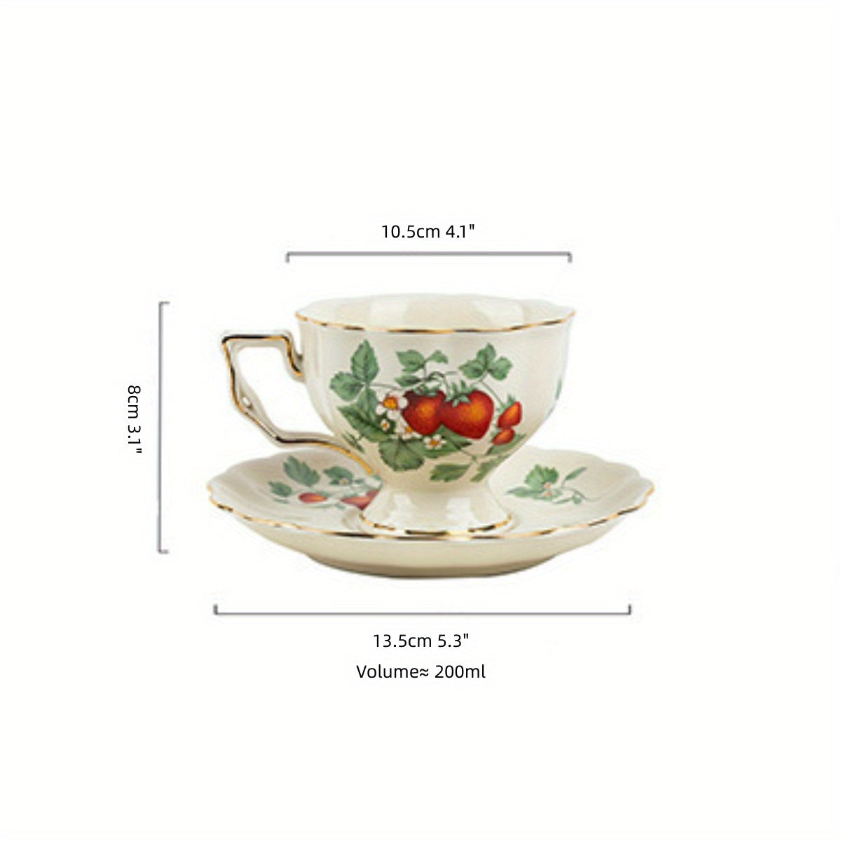 Vintage Strawberry Porcelain Tea Cup and Saucer Set with Golden Trim