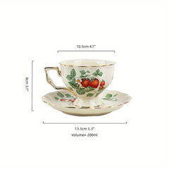 Vintage Strawberry Porcelain Tea Cup and Saucer Set with Golden Trim