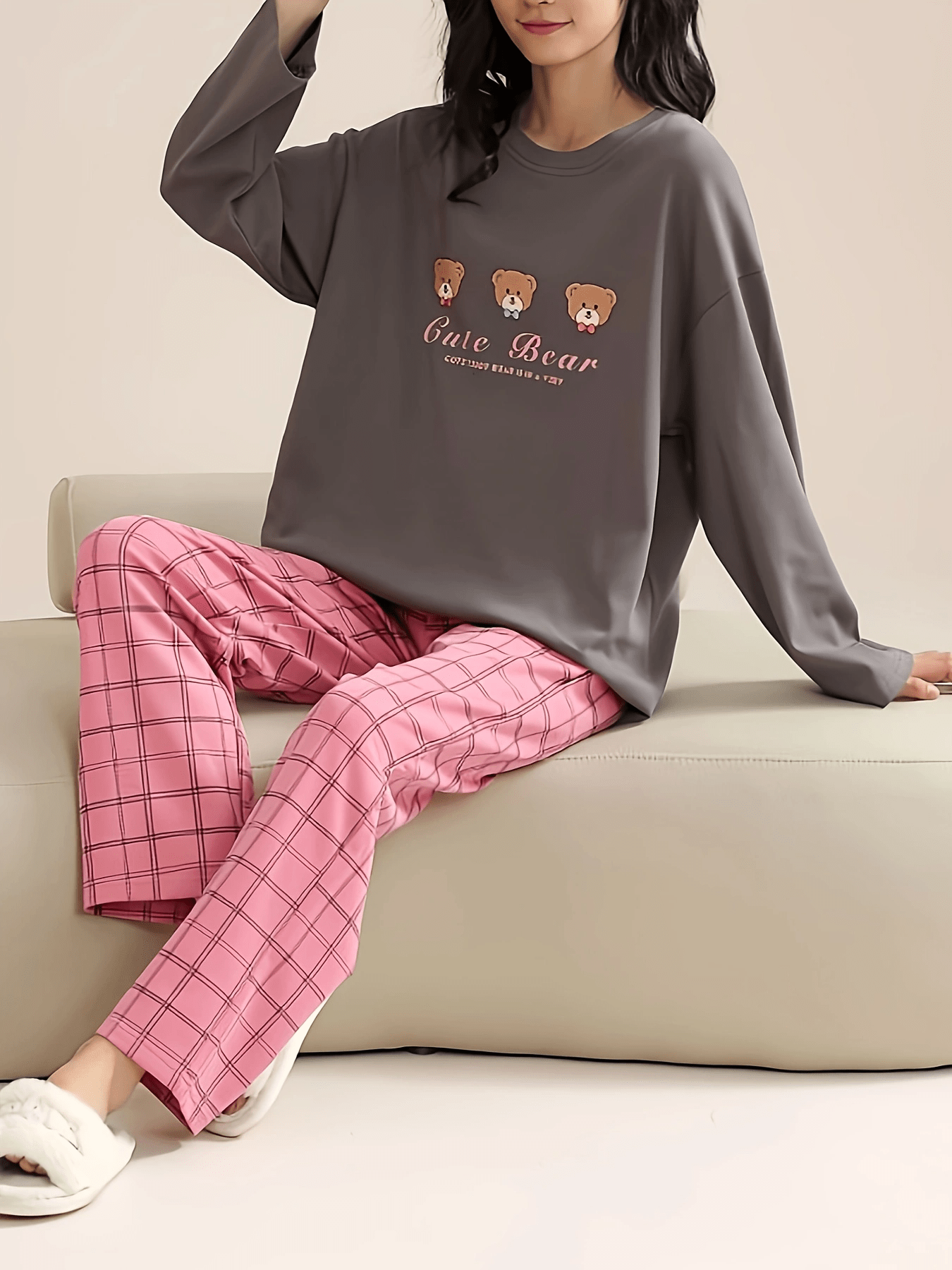 Bear Print Pajama Set Long Sleeve Crew Neck Top & Plaid Pants
