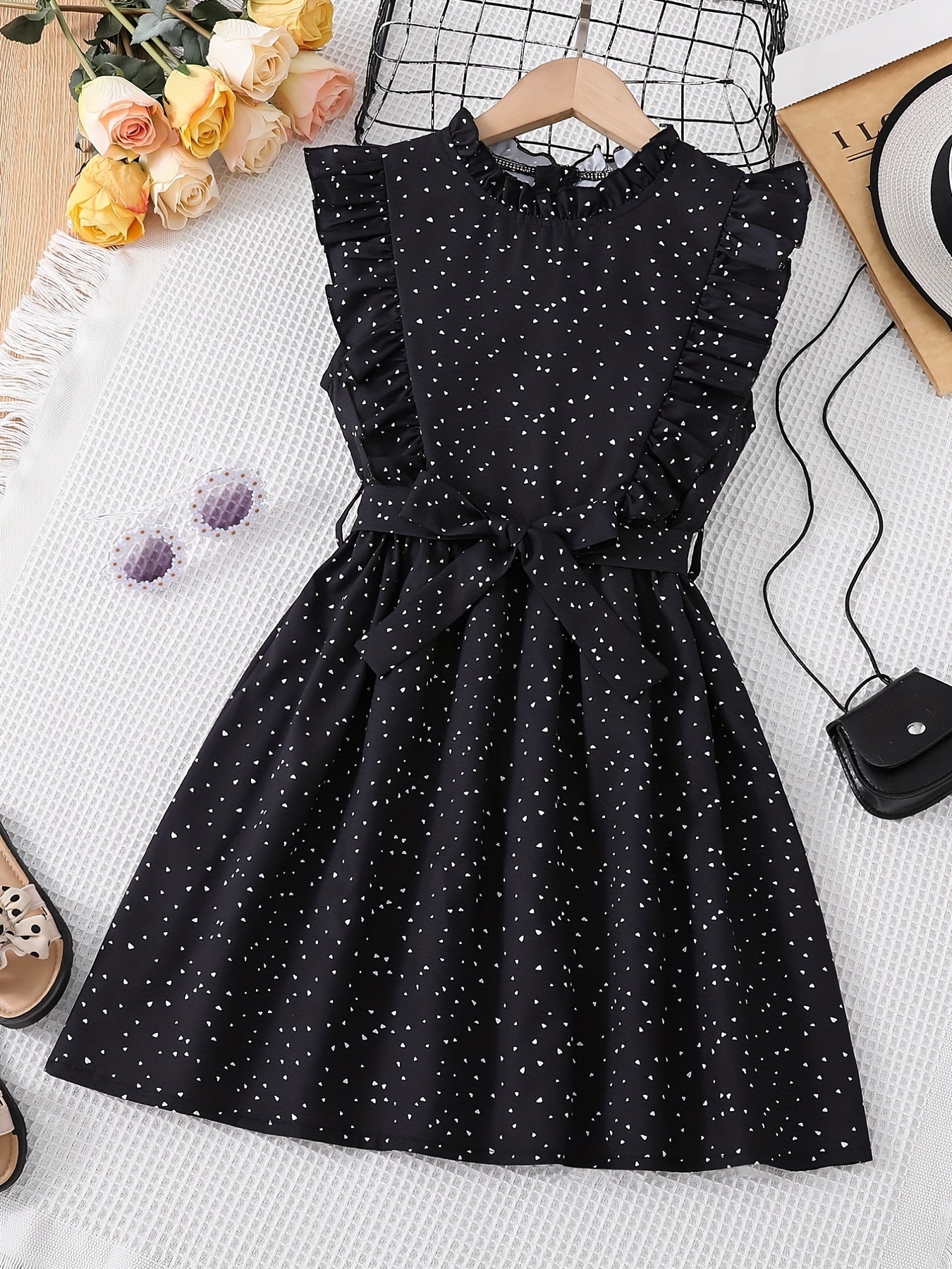 Girls' Polka Dot Print A Line Swing Tunic Dress with Belt