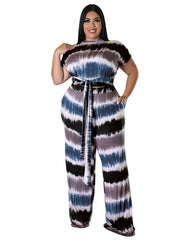 Tie Dye Short Sleeve Belted Crop Top & Loose Pants Set