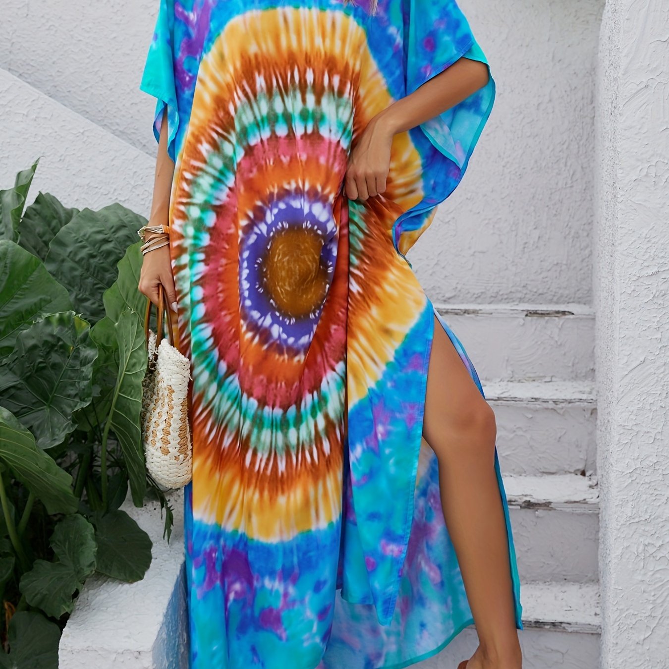 Boho Cover Up Dress Bat Sleeve V Neck Tie Dye Slight Stretch