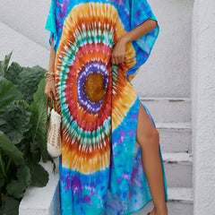 Boho Cover Up Dress Bat Sleeve V Neck Tie Dye Slight Stretch
