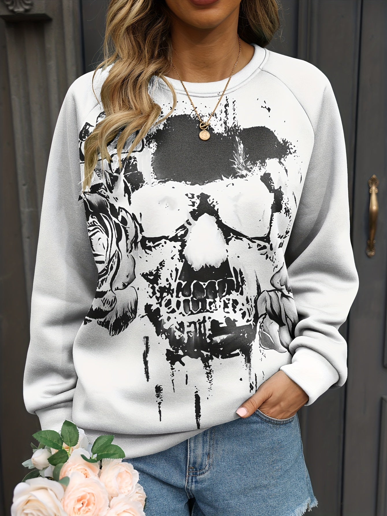 Skull Print Pullover Sweatshirt Long Sleeve Crew Neck for Women