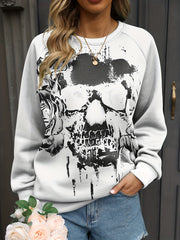 Skull Print Pullover Sweatshirt Long Sleeve Crew Neck for Women