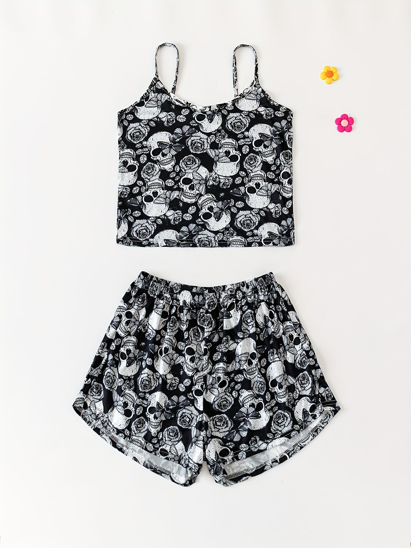 Skull Print Halloween Pajama Set Crew Neck Cami Top & Elastic Waistband Shorts