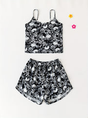 Skull Print Halloween Pajama Set Crew Neck Cami Top & Elastic Waistband Shorts