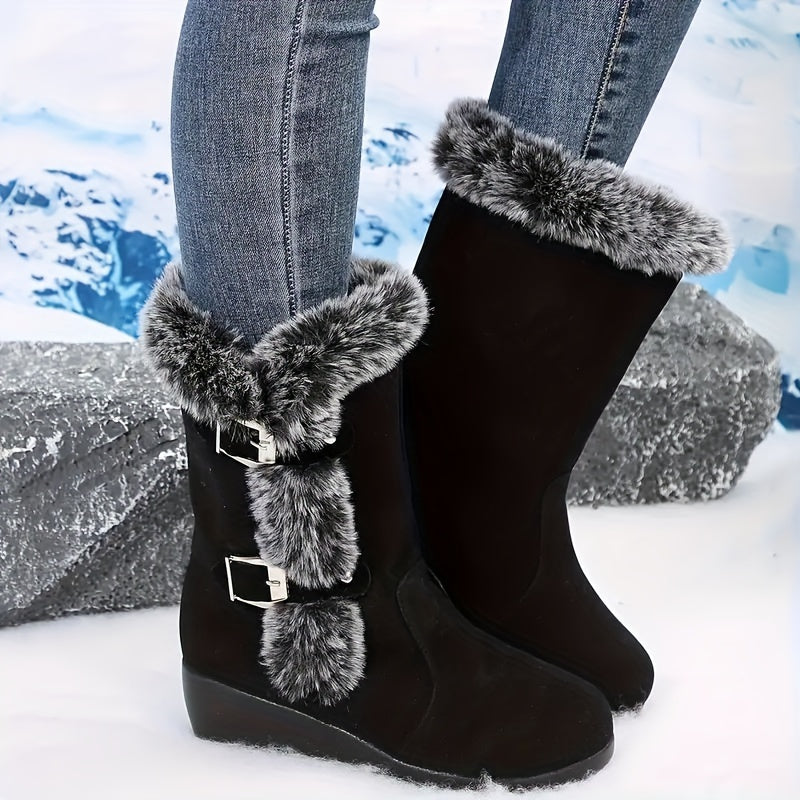 Women's Plush Lined Snow Boots with Buckle Decor