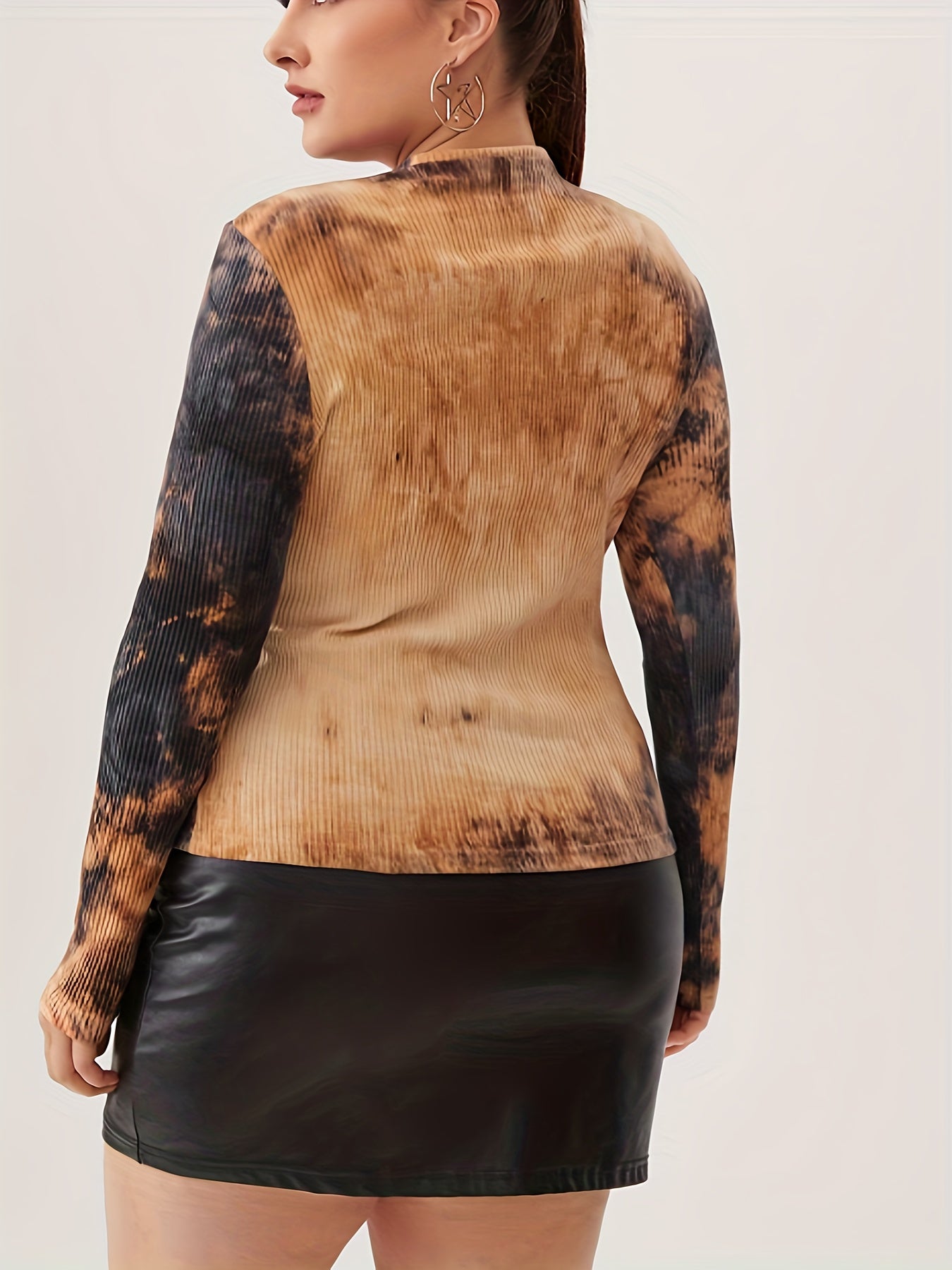 Tie Dye Ribbed Knit Long Sleeve Round Neck Top