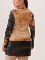 Tie Dye Ribbed Knit Long Sleeve Round Neck Top