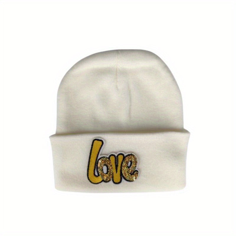 LOVE Sequin Decor Beanie Couple Knit Hat Lightweight Warm Skull Cap