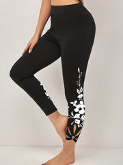 Floral Print Cut Out Cropped Leggings High Waist Skinny Casual Leggings