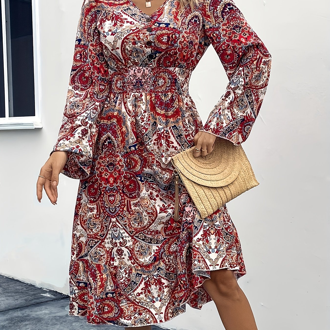 Boho Dress Paisley Floral Print V Neck Maxi Dress