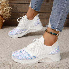 Glitter Sequins Platform Sneakers Lace Up Knit Shoes