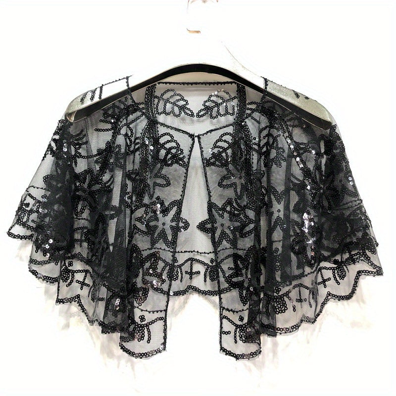 Vintage Sequin Embroidery Shawl Ruffles Cape