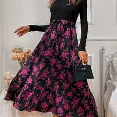 Colorblock Floral Long Sleeve Maxi Dress With Belt