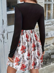 Floral Print Lace Long Sleeve V Neck Dress