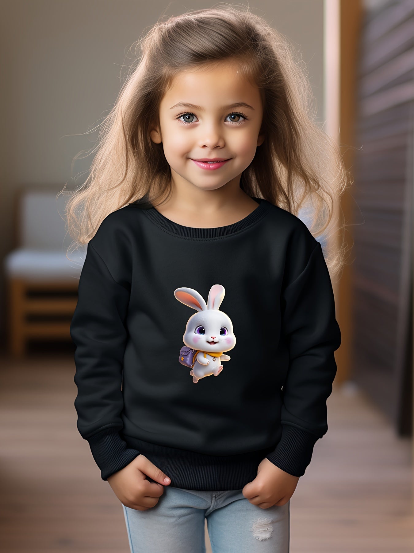 Rabbit Print Girls Casual Pullover Sweatshirt Crew Neck Tops