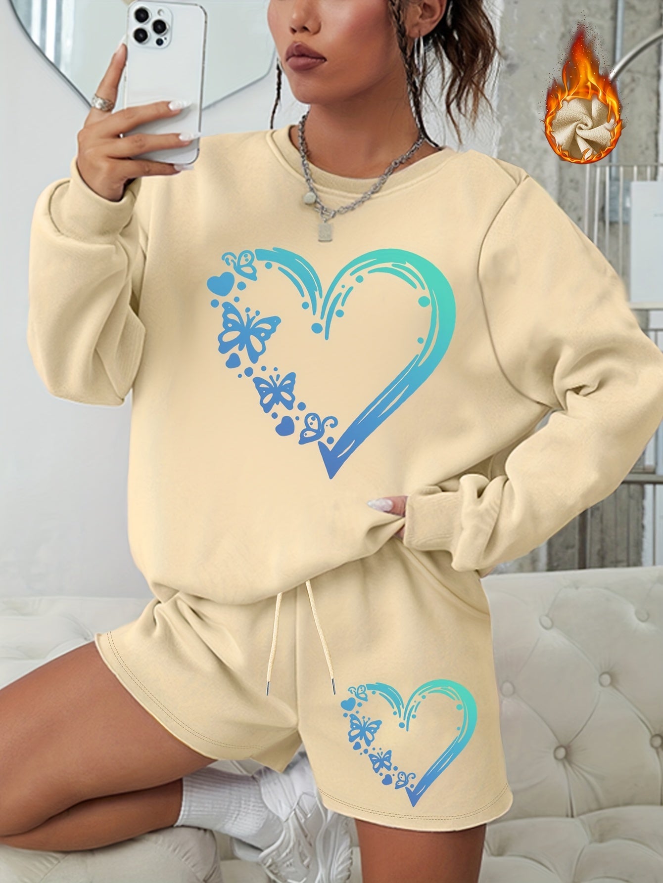 Heart & Butterfly Print Sweatshirt & Shorts 2 Piece Set