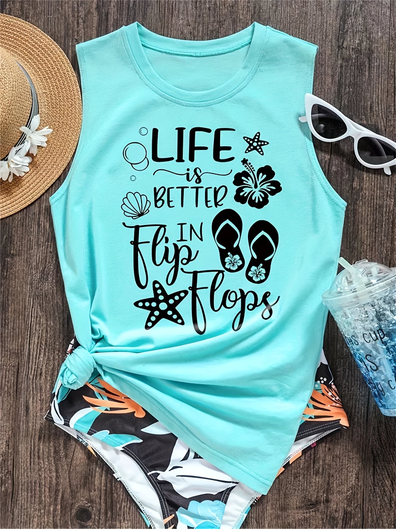 Letter Print Tank Top Crew Neck Sleeveless Summer Beach Women's Tank Top