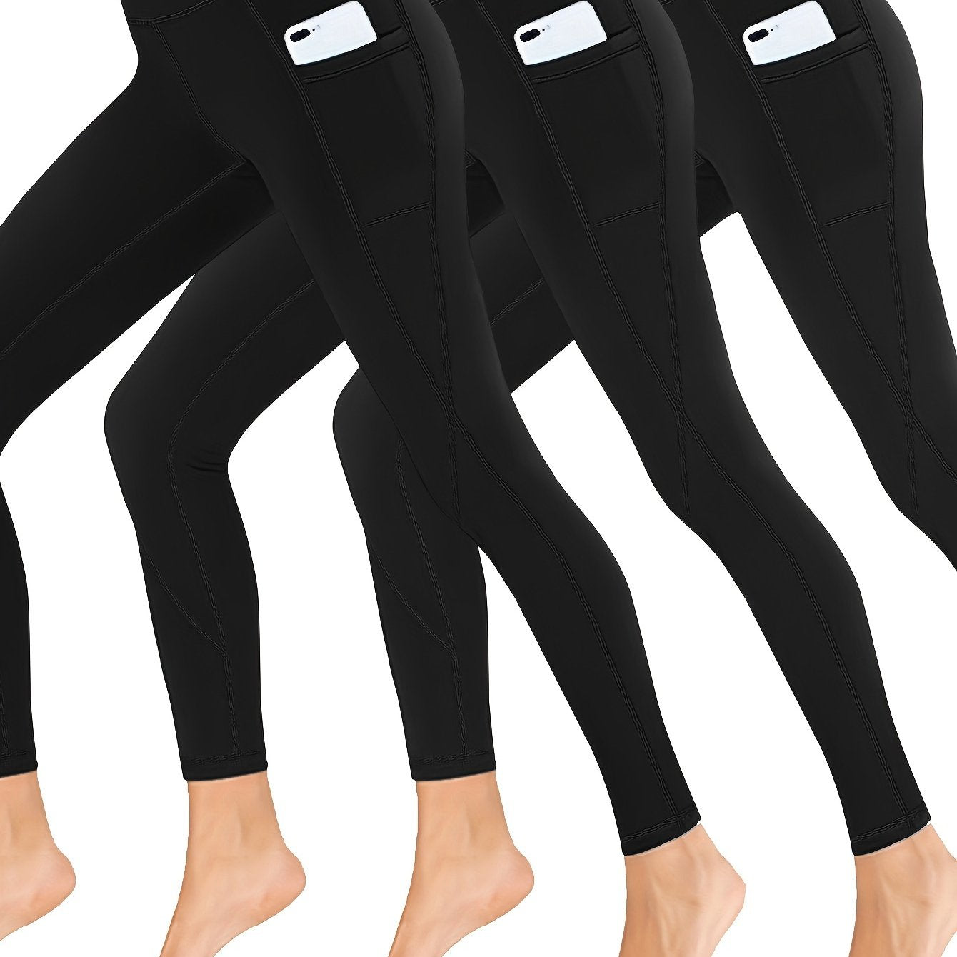 3 Pack Plus Size Sports Leggings Women's Solid Pipping High Rise High Stret