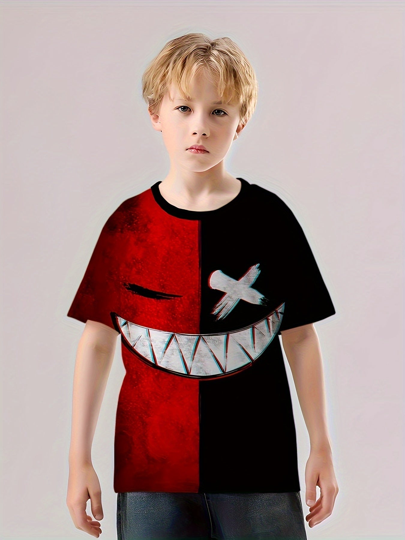 Devil Smile Print Boys T-Shirt Lightweight Comfortable Top Kids Summer Clothes