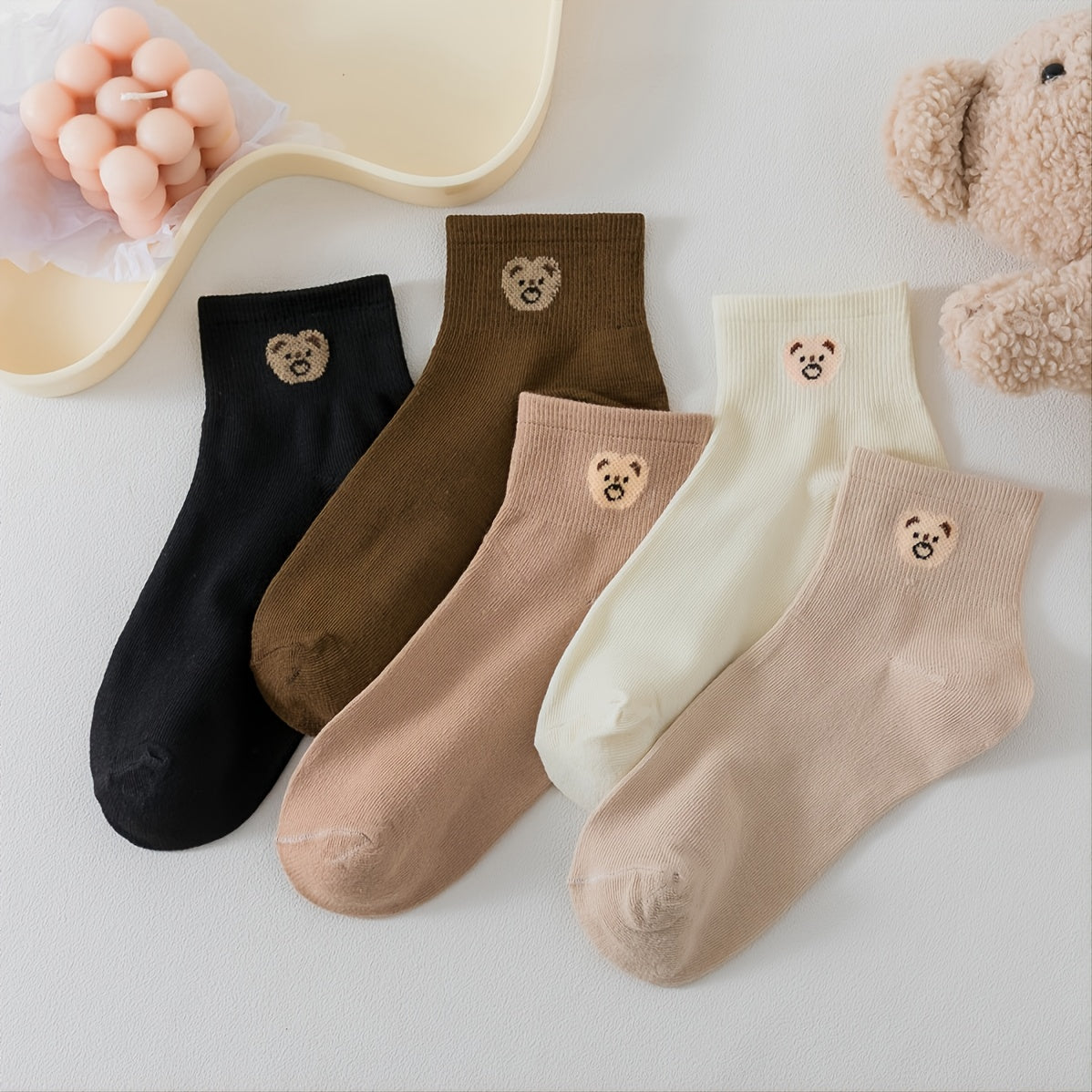 5 Pairs Women's Bear Pattern Earth Tone Tube Socks