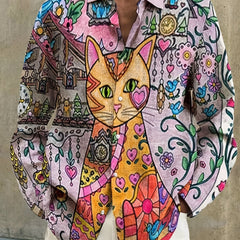 Men's Cat Print Casual Button-Up Shirt