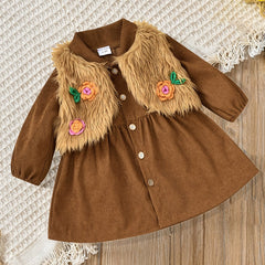 Toddler Baby Girl Dress Corduroy Button Down Faux Fur Vest Outfit Set