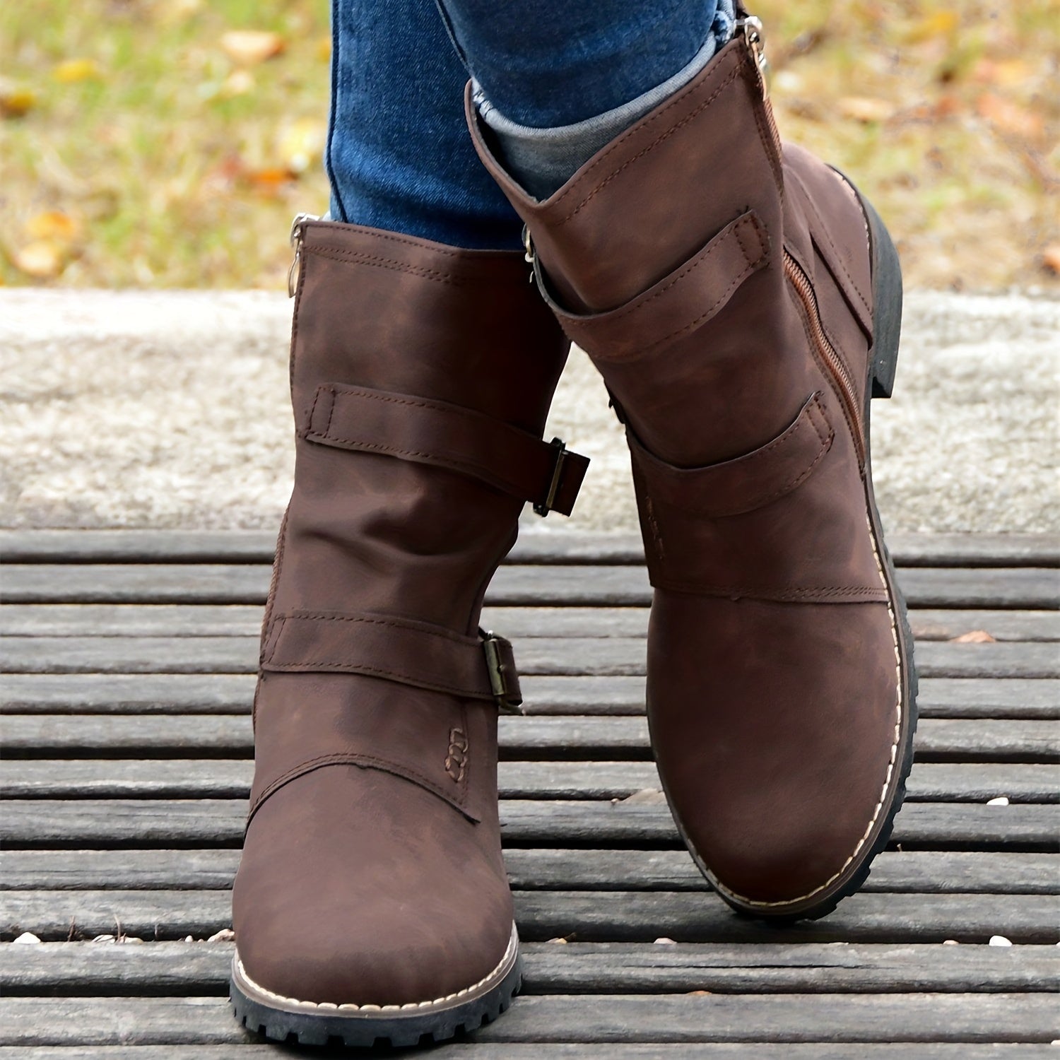 Women's Retro Mid Calf Boots Double Buckle Strap Side Zipper Shoes