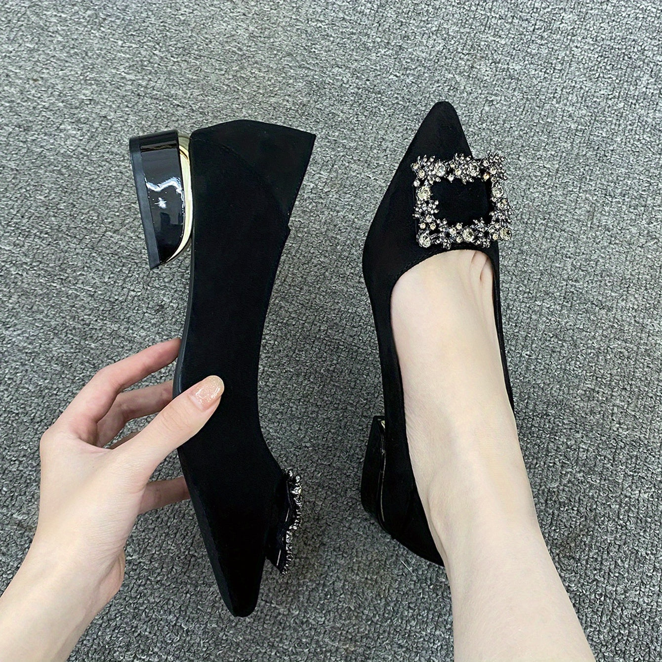 Women's Rhinestone Pointed Toe Low Heel Slip On Shoes