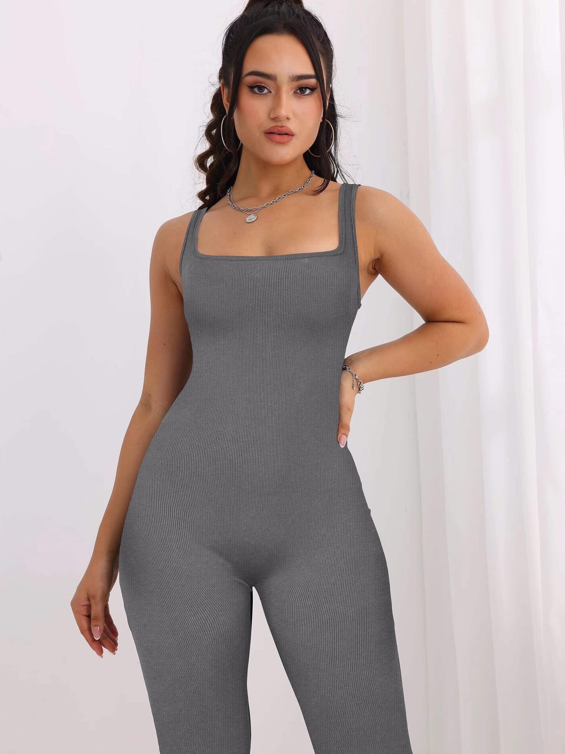 Ribbed Sexy Yoga Jumpsuit Fitness Sports Sleeveless Tank Top Bodysuit