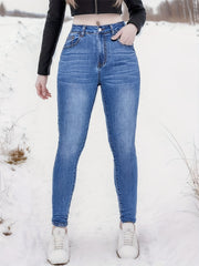 Stretchy Whiskering Skinny Jeans Medium High Rise Slash Pocket Denim Pants