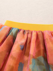 2pcs Toddler Girls Puff Sleeve T shirt & Tie Dye Mesh Skirt Set