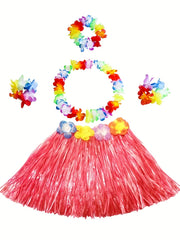 Girls Hawaiian Grass Skirt & Flowers Hula Set Costume for Halloween Party