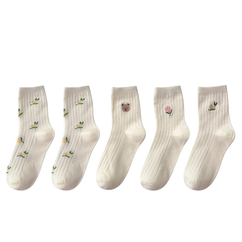 5 Pairs Floral & Bear Print Socks Comfy & All match Women's Stockings