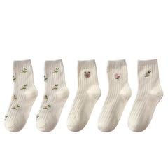 5 Pairs Floral & Bear Print Socks Comfy & All match Women's Stockings
