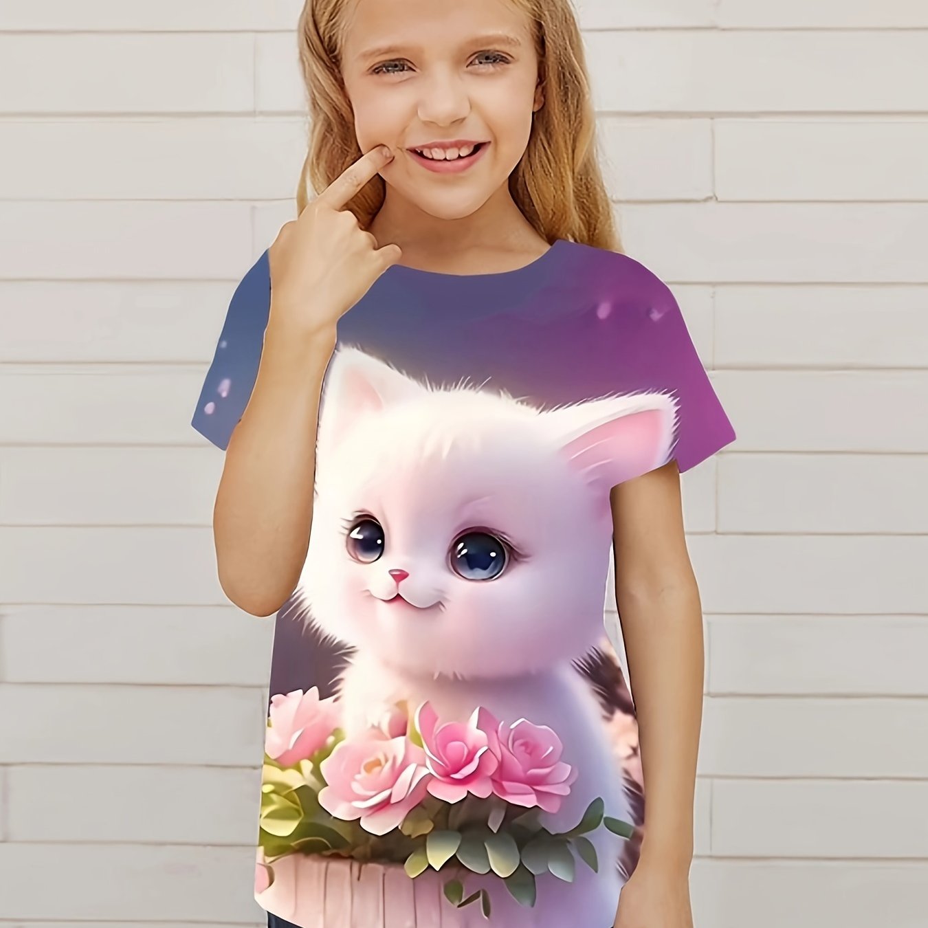 Sweet Flower & Kitty Tee Girls Short Sleeve Summer Clothes Gift