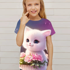 Sweet Flower & Kitty Tee Girls Short Sleeve Summer Clothes Gift