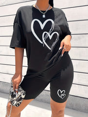 Hearts Print 2pc Shorts Outfit Short Sleeve T Shirt & Shorts Set