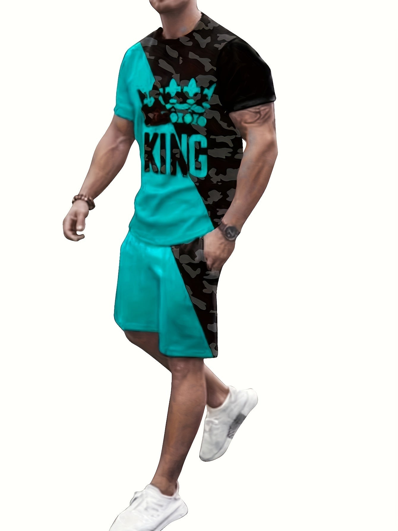 Men's Crown & King Graphic T-Shirt & Shorts Set for Outdoor Activities