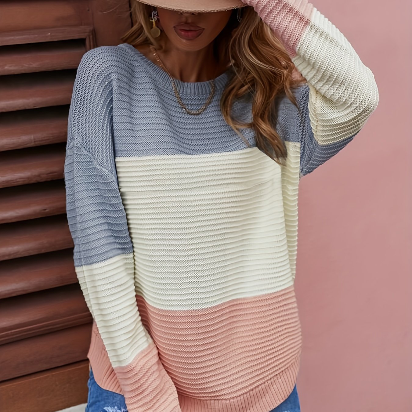Block Knit Sweater Casual Crew Neck Long Sleeve Women's Clothing