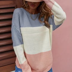 Block Knit Sweater Casual Crew Neck Long Sleeve Women's Clothing