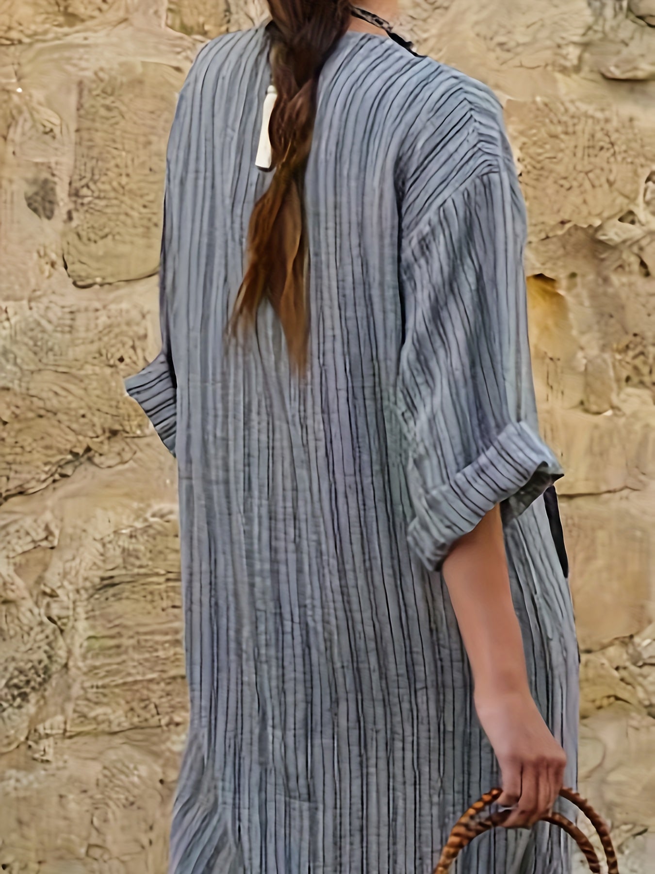 Women's Striped 3/4 Sleeve Loose Kaftan Dress With Pockets