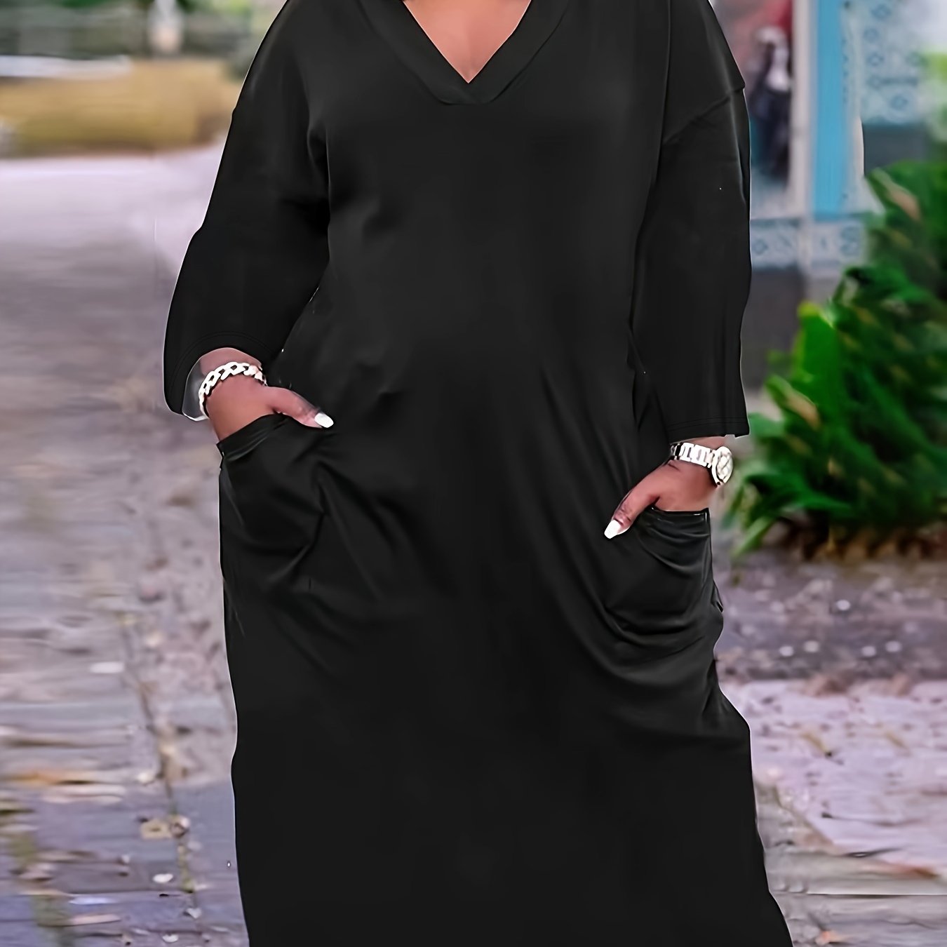 Women's Plus Solid Long Sleeve V Neck Maxi Dress With Pockets
