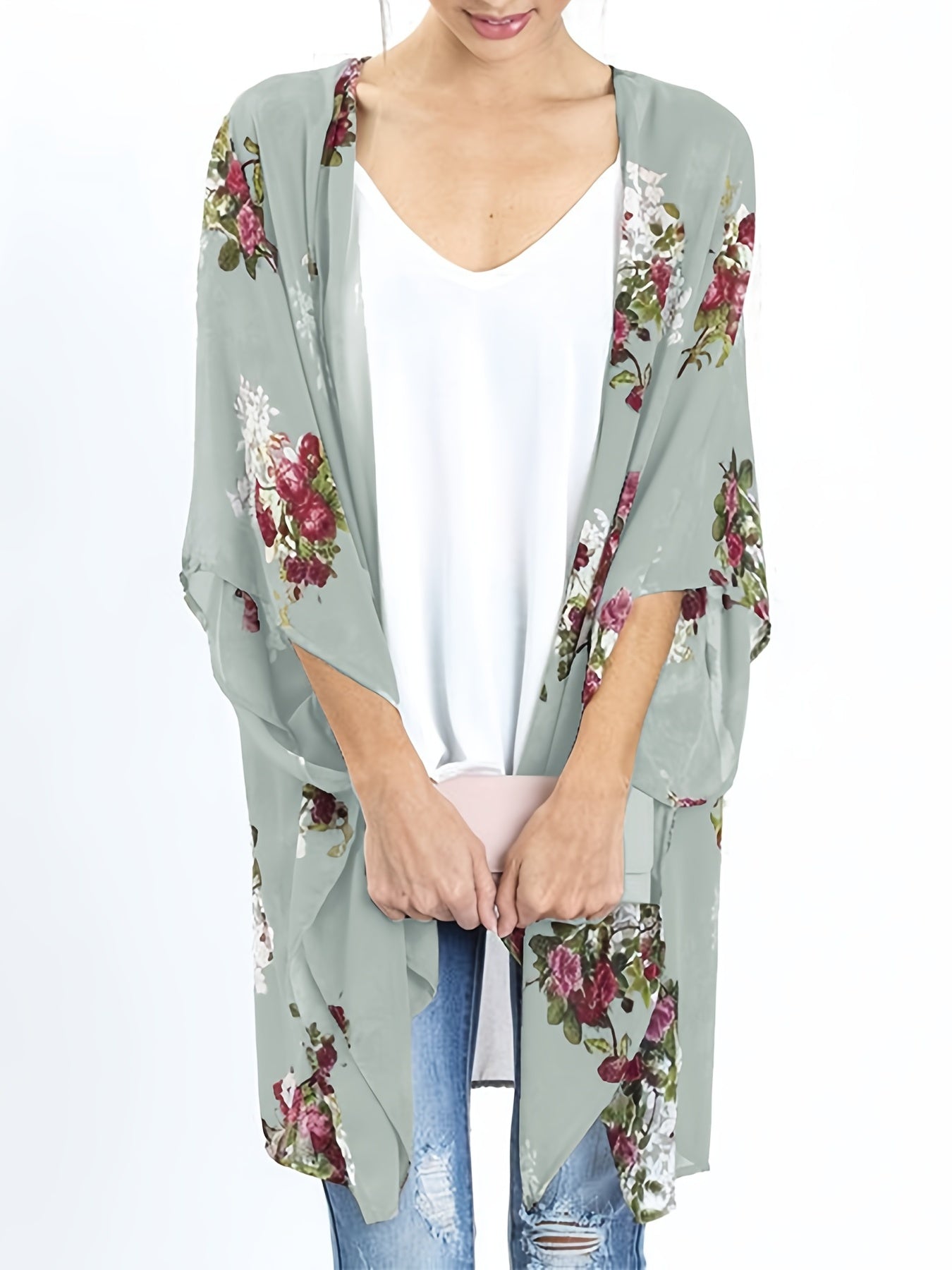 Floral Print Chiffon Blouse Long Sleeve Rash Guard V Neck