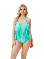 Fringe Trim One Piece Swimsuit Halter Neck Beachwear