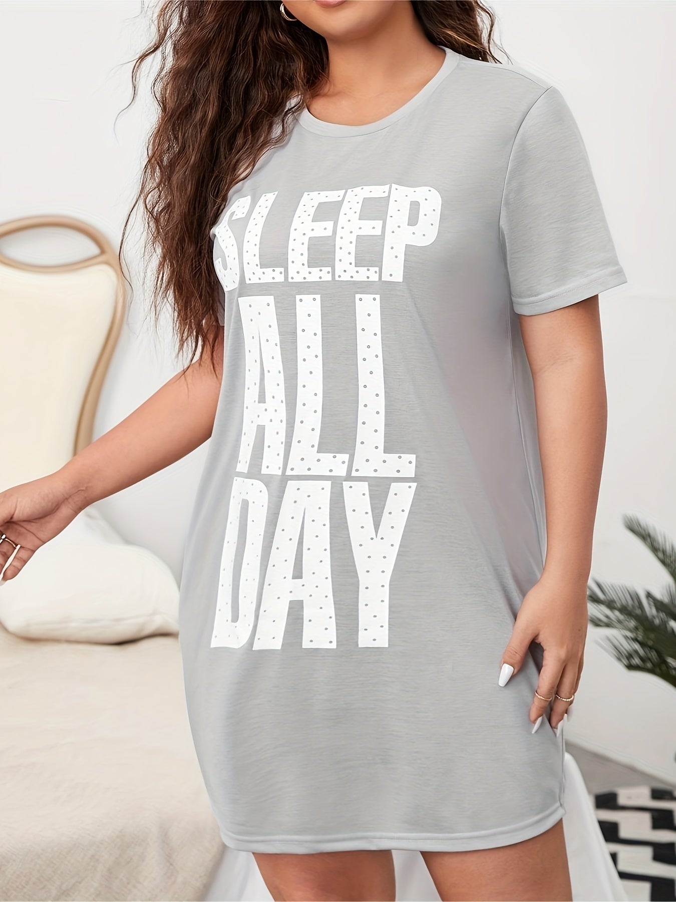 Lounge Dress Women's Plus Polka Dot Letter Print Short Sleeve