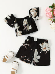 Girls Flower Graphic Off Shoulder Top & Shorts Set For Summer