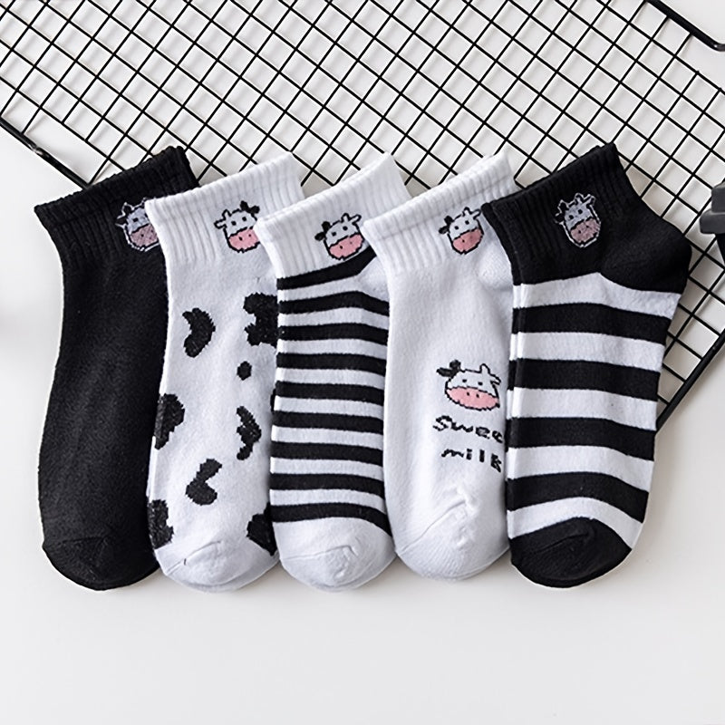 5 Pairs Mixed Pattern Socks Cow Spots Striped Ankle Women's Stockings